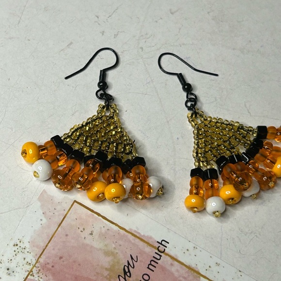 Handcrafted Halloween Beaded Earrings - Gold and Black - Picture 2 of 3